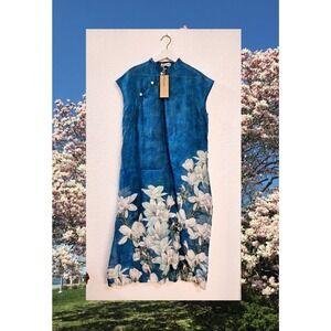 Chinese Style Long Dress with Magnolia Flower Print Blue Size Large High Neck